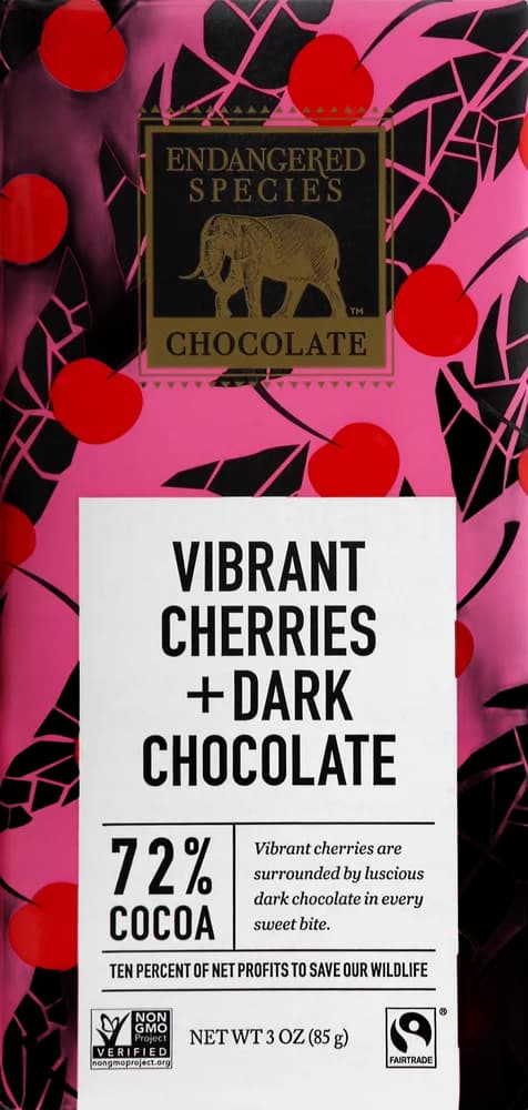 Endangered Species Dark Chocolate, Vibrant Cherries, 72% Cocoa
